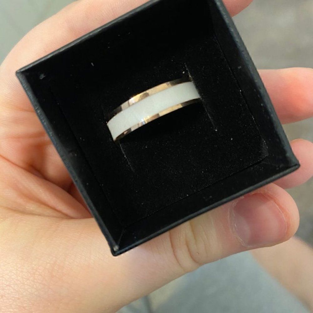 Men's Rose Gold Promise Ring Band - 14k Rose Gold and White Ceramic - Picture 6 of 6